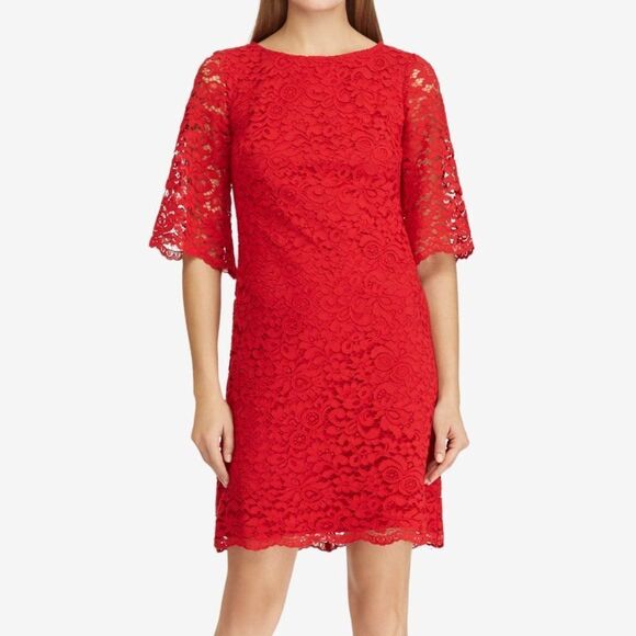NWT Lauren Ralph Lauren Women's Red Lace‎ Jillia Bell Sleeve Sheath Dress Size 4 - Picture 1 of 9
